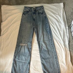 H&M Blue Straight Leg Jeans with Distressed Details